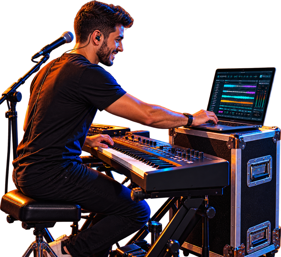 Músico no palco tocando teclado com o BRAVA aberto no notebook