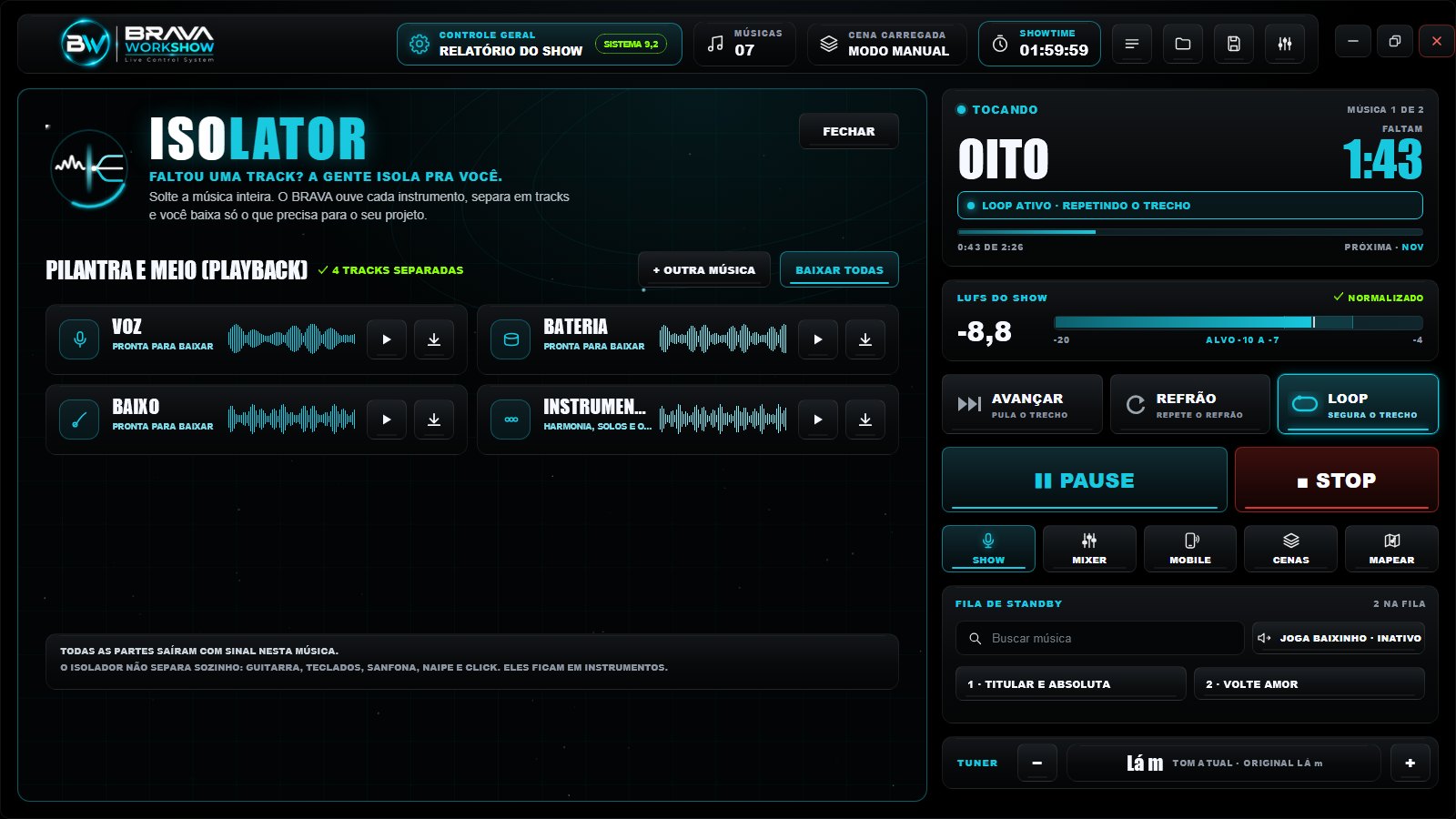 Tela do ISOLATOR com as tracks separadas